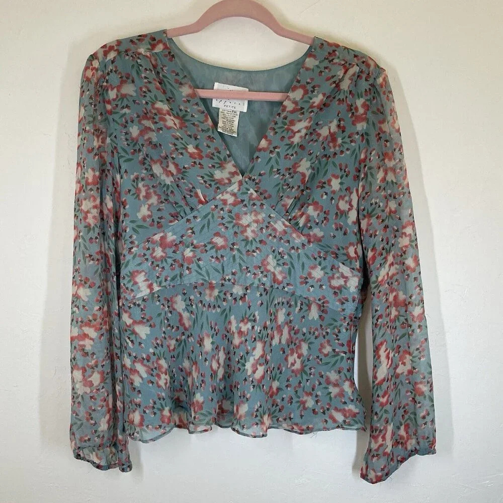 Vintage Y2K 100% Silk Top Petite XL Fairycore Mermaid Babydoll Sheer Sleeves